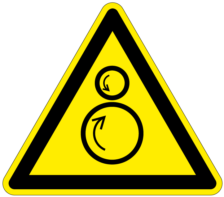 pictogram waarschuwing draaiende rollen, geel zwart, driehoek, iso 7010, w025